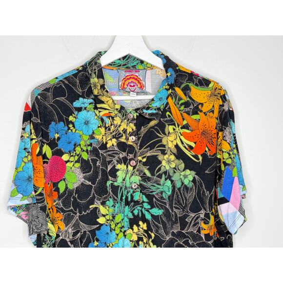 Johnny Was Nero Sequence Floral Short Sleeve Polo Shirt Black Multi Women's L - Picture 3 of 10